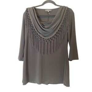 NWT R&M Richards Black Cowl Neck Top Fringe Detail Size 10